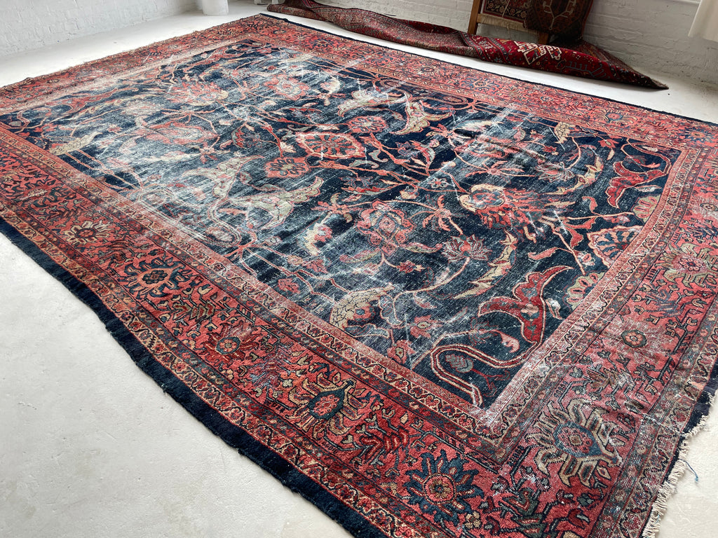GORGEOUS Distressed Arabesque Antique Persian Mahal | Large Spirling Root & Vine Motif | 10.4 x 14