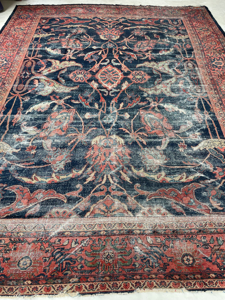 GORGEOUS Distressed Arabesque Antique Persian Mahal | Large Spirling Root & Vine Motif | 10.4 x 14
