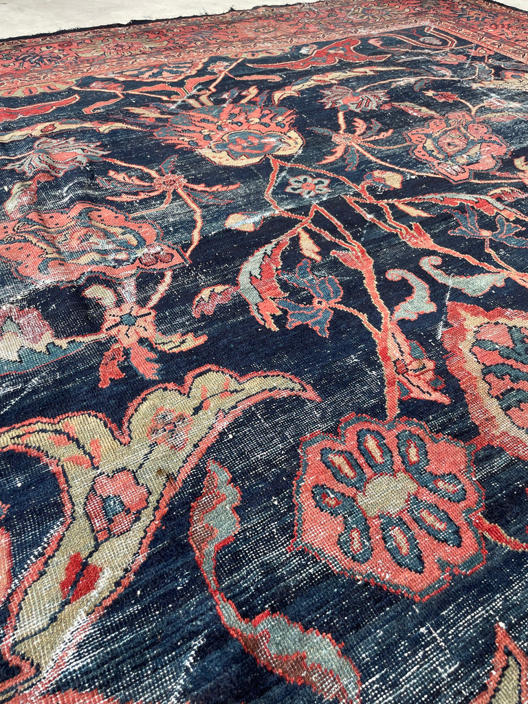 GORGEOUS Distressed Arabesque Antique Persian Mahal | Large Spirling Root & Vine Motif | 10.4 x 14