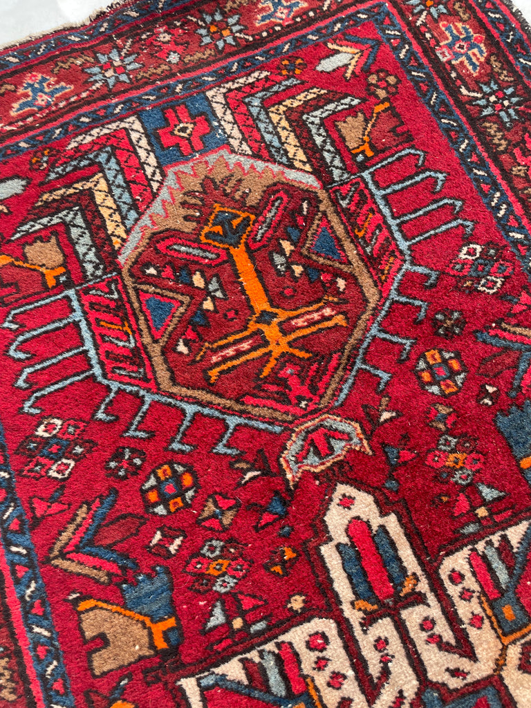 RESERVED FOR ANISSA*** JUICY Rich Red Ground Vintage Persian Karaja | Bullet-Proof Wool with Amazing Tangerine, Camel, Sky Blue | 2.9 x 11.8