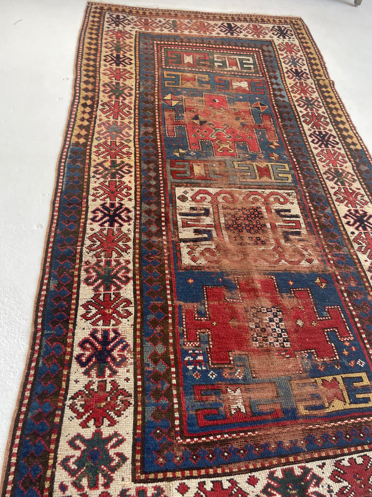 HANDSOME Antique Kazak Rug | Character-Rich with Iconic Fence of Protection Perimeter | 4.3 x 8