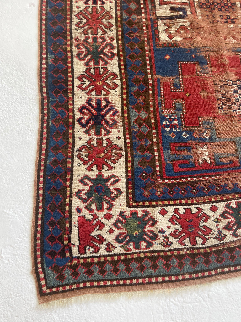HANDSOME Antique Kazak Rug | Character-Rich with Iconic Fence of Protection Perimeter | 4.3 x 8