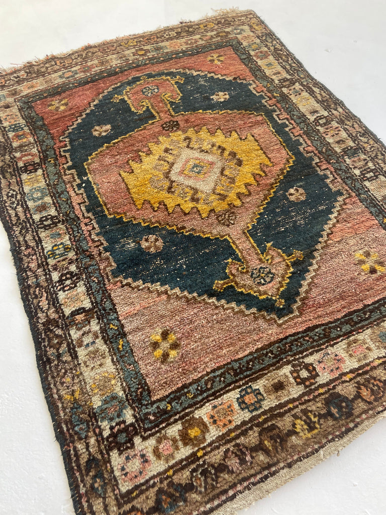 UNUSUAL Saffron & Midnight Blue Antique Kurdish Rug | Mystical Moody Tribal BEAUTY | 3.5 x 4.8