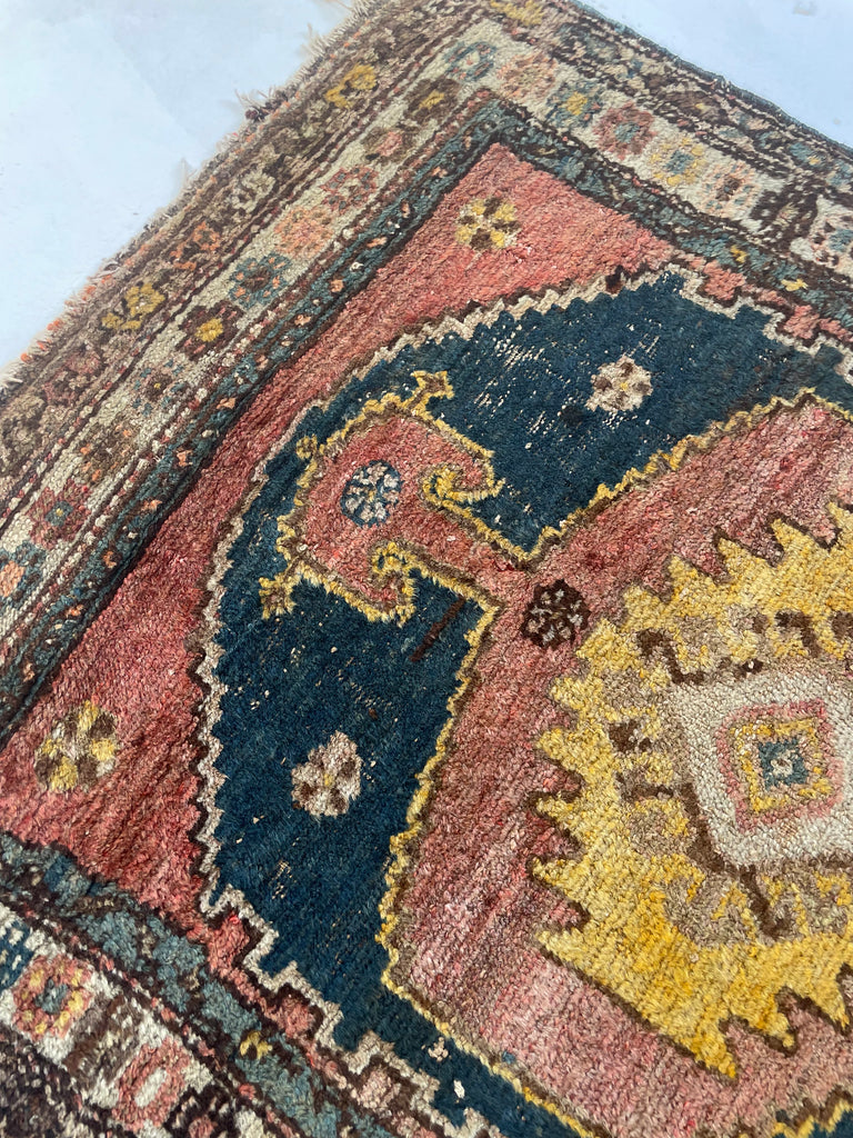 UNUSUAL Saffron & Midnight Blue Antique Kurdish Rug | Mystical Moody Tribal BEAUTY | 3.5 x 4.8