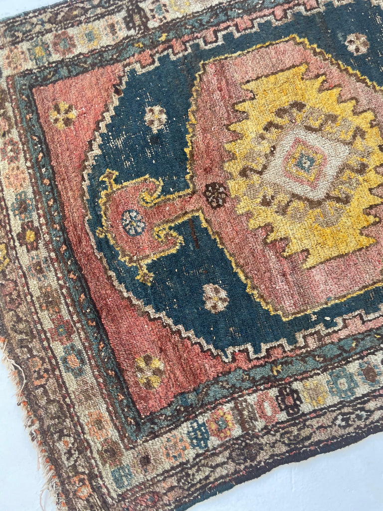 UNUSUAL Saffron & Midnight Blue Antique Kurdish Rug | Mystical Moody Tribal BEAUTY | 3.5 x 4.8
