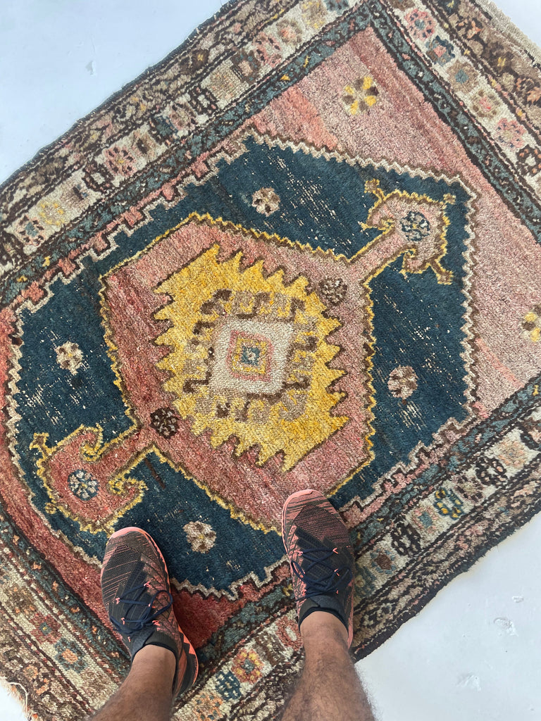 UNUSUAL Saffron & Midnight Blue Antique Kurdish Rug | Mystical Moody Tribal BEAUTY | 3.5 x 4.8