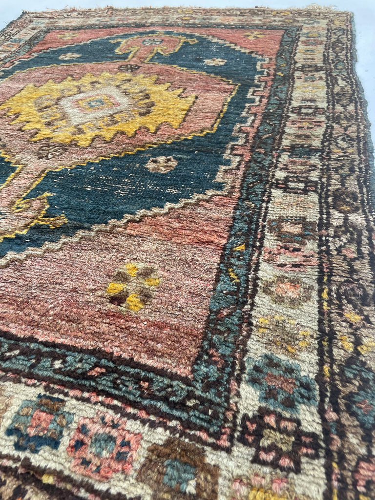 UNUSUAL Saffron & Midnight Blue Antique Kurdish Rug | Mystical Moody Tribal BEAUTY | 3.5 x 4.8