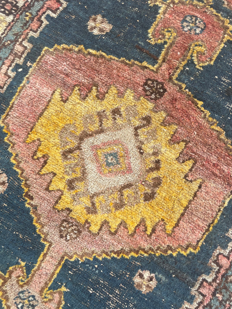 UNUSUAL Saffron & Midnight Blue Antique Kurdish Rug | Mystical Moody Tribal BEAUTY | 3.5 x 4.8