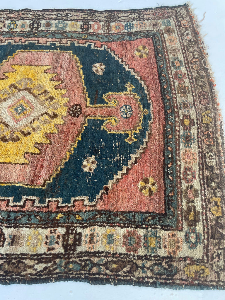 UNUSUAL Saffron & Midnight Blue Antique Kurdish Rug | Mystical Moody Tribal BEAUTY | 3.5 x 4.8