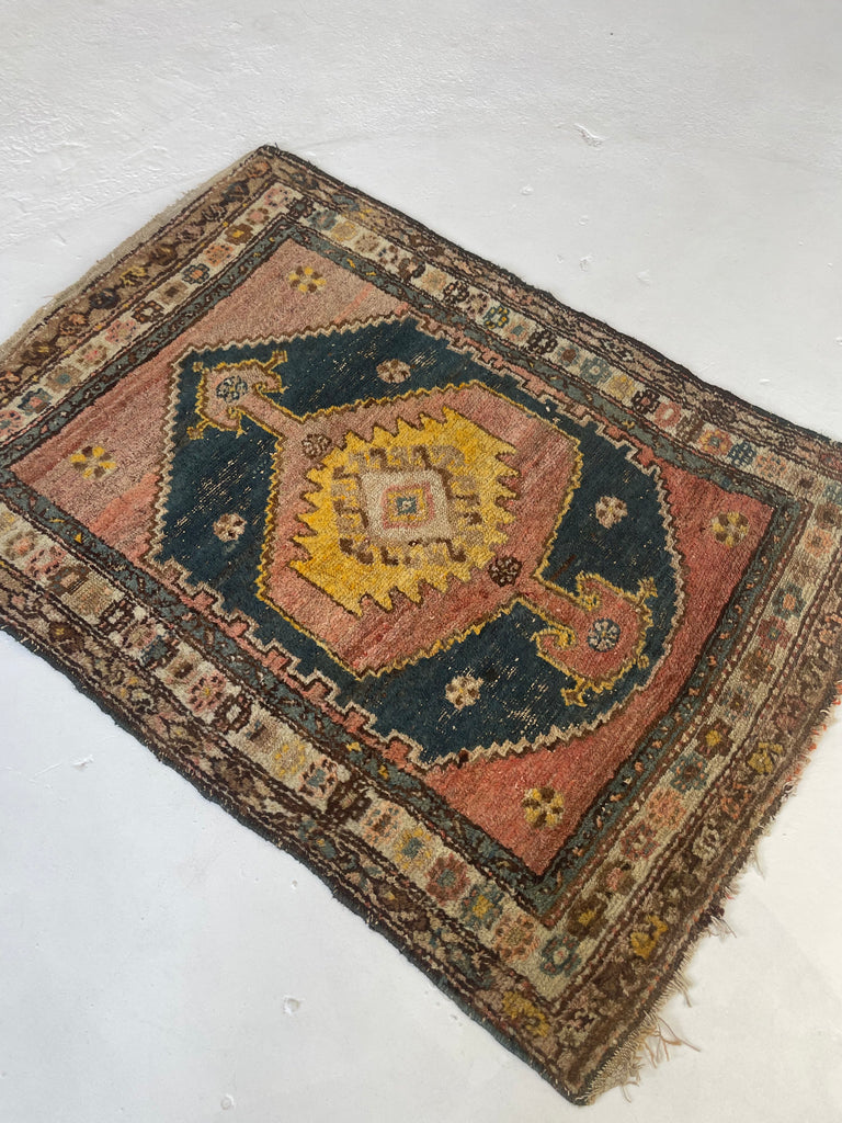 UNUSUAL Saffron & Midnight Blue Antique Kurdish Rug | Mystical Moody Tribal BEAUTY | 3.5 x 4.8