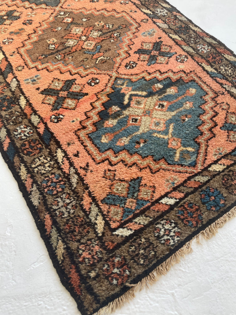 AMAZING Antique Kurdish GEM | Pink-Salmon Field with Moody Slate-Midnight Blue & Tons of Neutral Hues | 3.1 x 5.9
