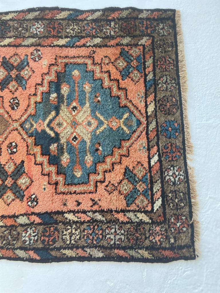 AMAZING Antique Kurdish GEM | Pink-Salmon Field with Moody Slate-Midnight Blue & Tons of Neutral Hues | 3.1 x 5.9
