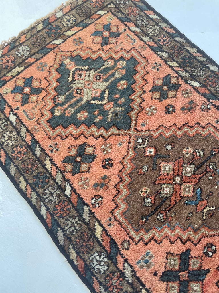 AMAZING Antique Kurdish GEM | Pink-Salmon Field with Moody Slate-Midnight Blue & Tons of Neutral Hues | 3.1 x 5.9