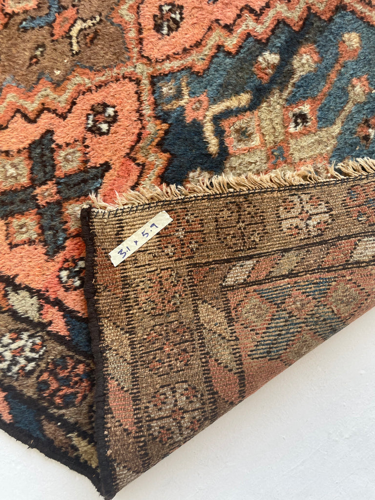 AMAZING Antique Kurdish GEM | Pink-Salmon Field with Moody Slate-Midnight Blue & Tons of Neutral Hues | 3.1 x 5.9
