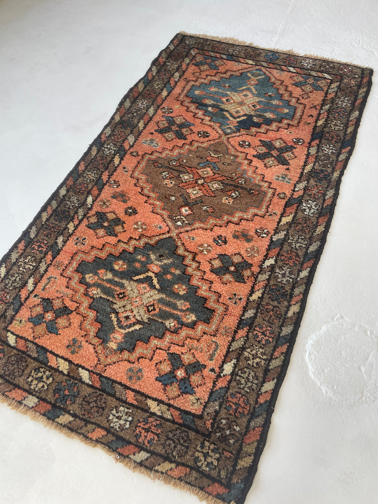 AMAZING Antique Kurdish GEM | Pink-Salmon Field with Moody Slate-Midnight Blue & Tons of Neutral Hues | 3.1 x 5.9