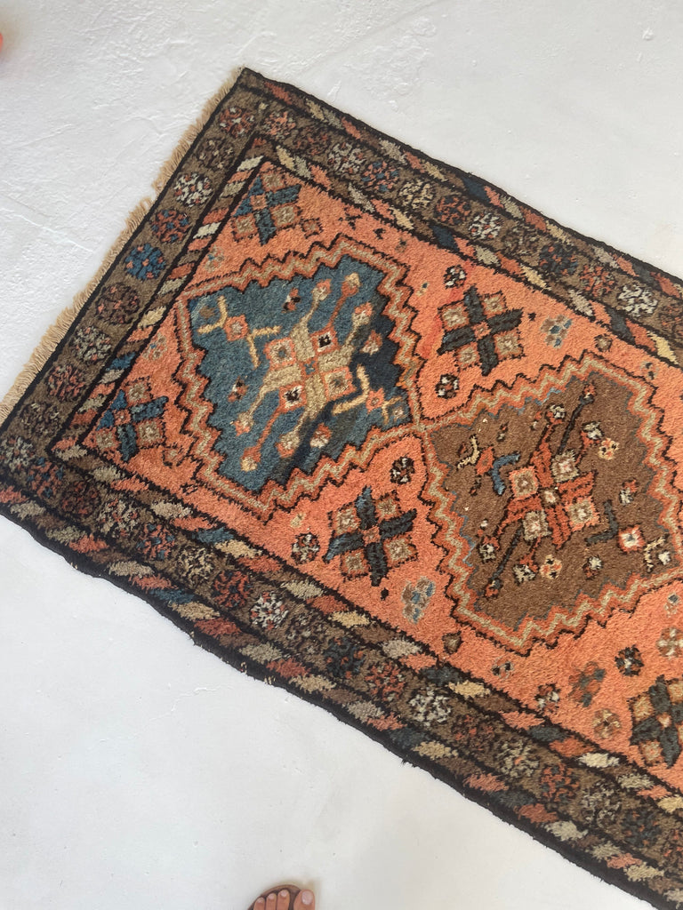 AMAZING Antique Kurdish GEM | Pink-Salmon Field with Moody Slate-Midnight Blue & Tons of Neutral Hues | 3.1 x 5.9