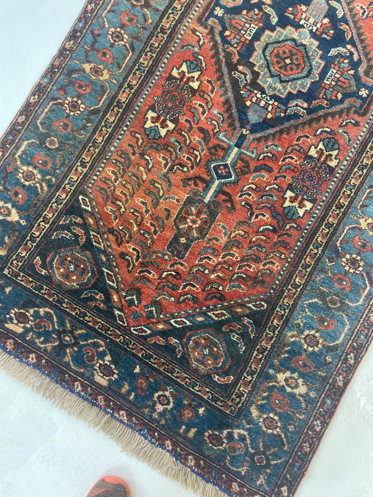 SOLD | Interesting Tribal Antique Rug | Herati Fish with Lovely Two-Toned Blue Border | 3.5 x 5.10