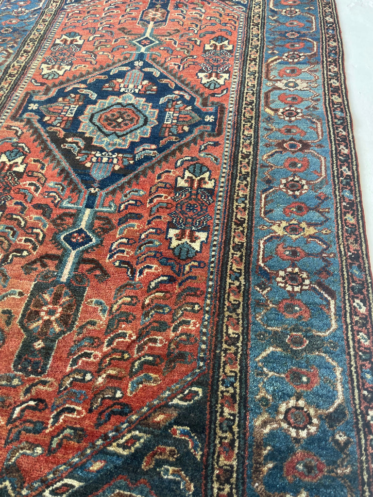 SOLD | Interesting Tribal Antique Rug | Herati Fish with Lovely Two-Toned Blue Border | 3.5 x 5.10