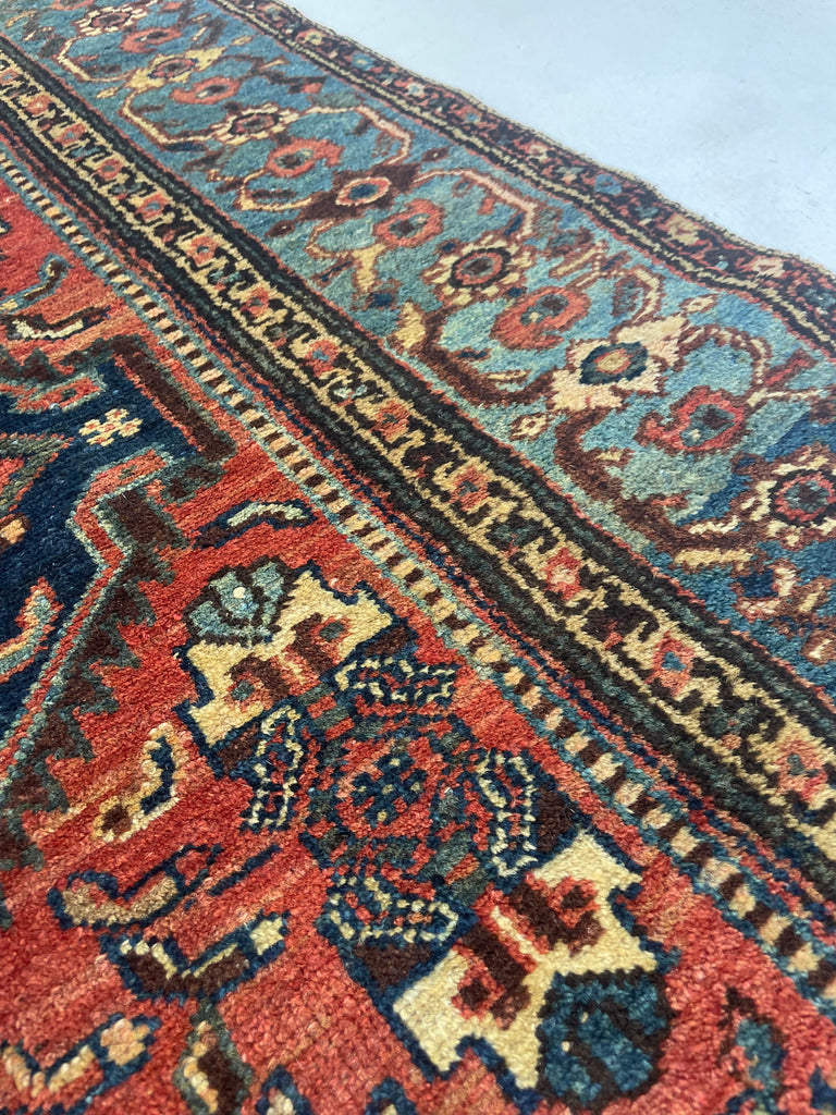 SOLD | Interesting Tribal Antique Rug | Herati Fish with Lovely Two-Toned Blue Border | 3.5 x 5.10