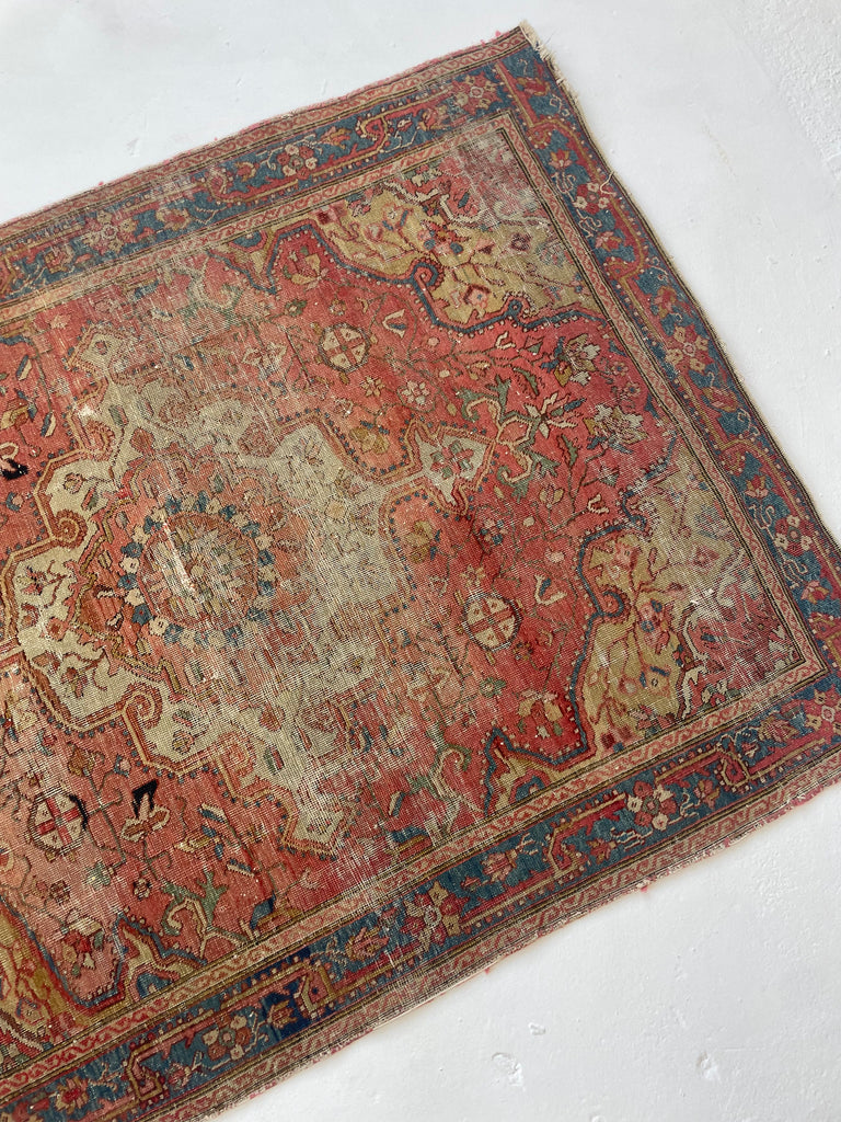 SUPER FINE Antique Rug Squarish Size | Camel Corners with Soft Pinks, Rust, Ice Blue & Mint Green | 3.7 x 4.6
