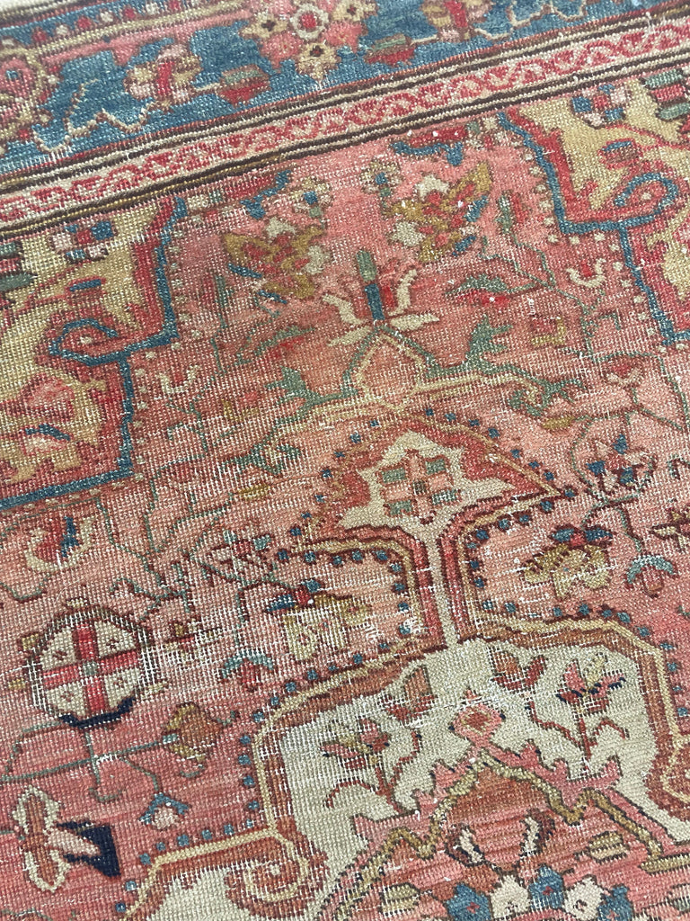 SUPER FINE Antique Rug Squarish Size | Camel Corners with Soft Pinks, Rust, Ice Blue & Mint Green | 3.7 x 4.6