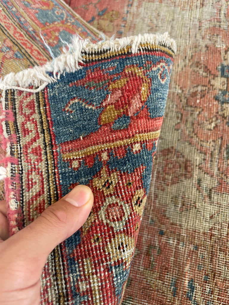 SOLD | SUPER FINE Antique Rug Squarish Size | Camel Corners with Soft Pinks, Rust, Ice Blue & Mint Green | 3.7 x 4.6