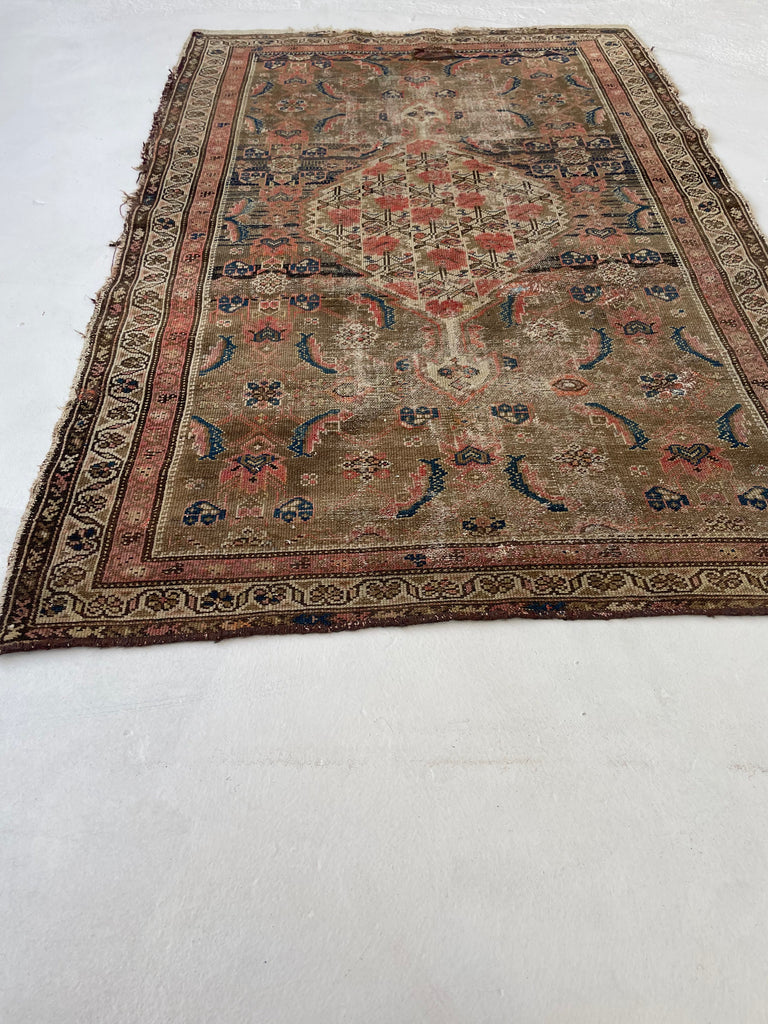 Muted & Earthy Antique Rug | Chestnut, Cashew, Almond & Walnut with Pinks & Blues | 3.3 x 5.2