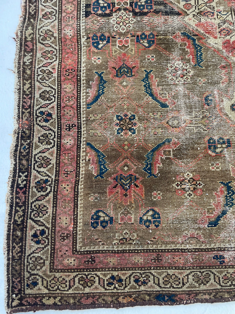 Muted & Earthy Antique Rug | Chestnut, Cashew, Almond & Walnut with Pinks & Blues | 3.3 x 5.2