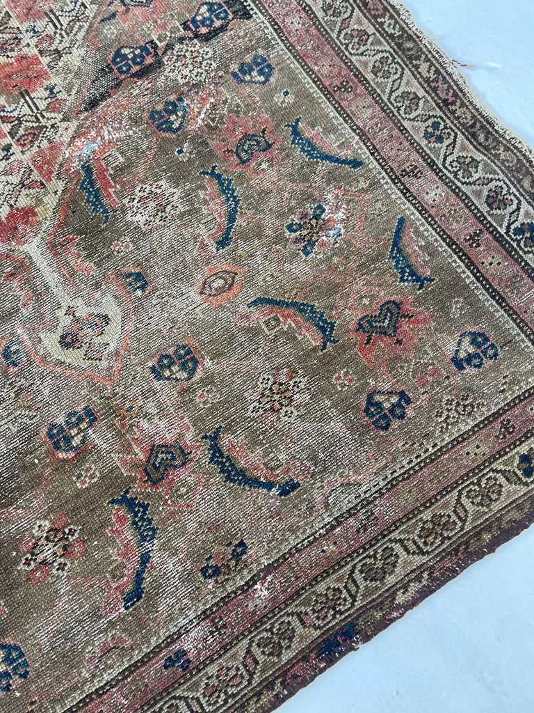 Muted & Earthy Antique Rug | Chestnut, Cashew, Almond & Walnut with Pinks & Blues | 3.3 x 5.2