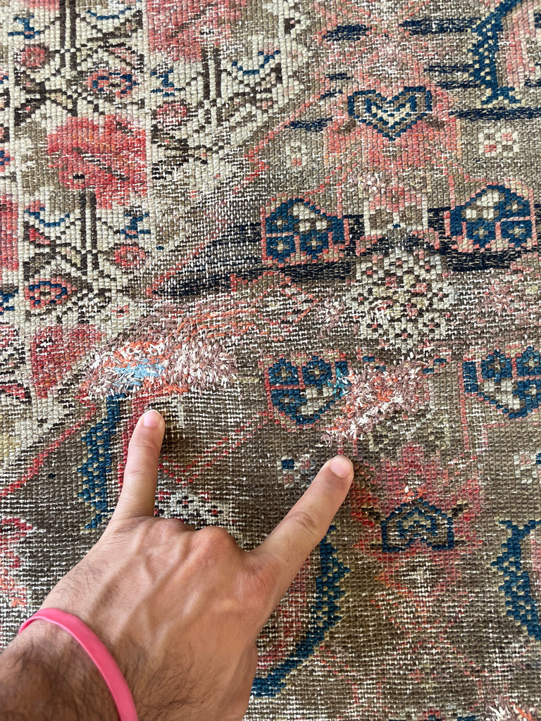 Muted & Earthy Antique Rug | Chestnut, Cashew, Almond & Walnut with Pinks & Blues | 3.3 x 5.2