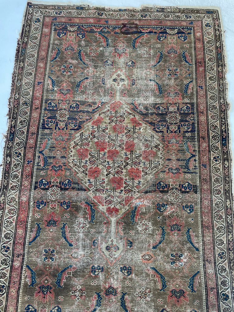 Muted & Earthy Antique Rug | Chestnut, Cashew, Almond & Walnut with Pinks & Blues | 3.3 x 5.2