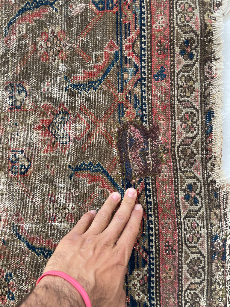 Muted & Earthy Antique Rug | Chestnut, Cashew, Almond & Walnut with Pinks & Blues | 3.3 x 5.2