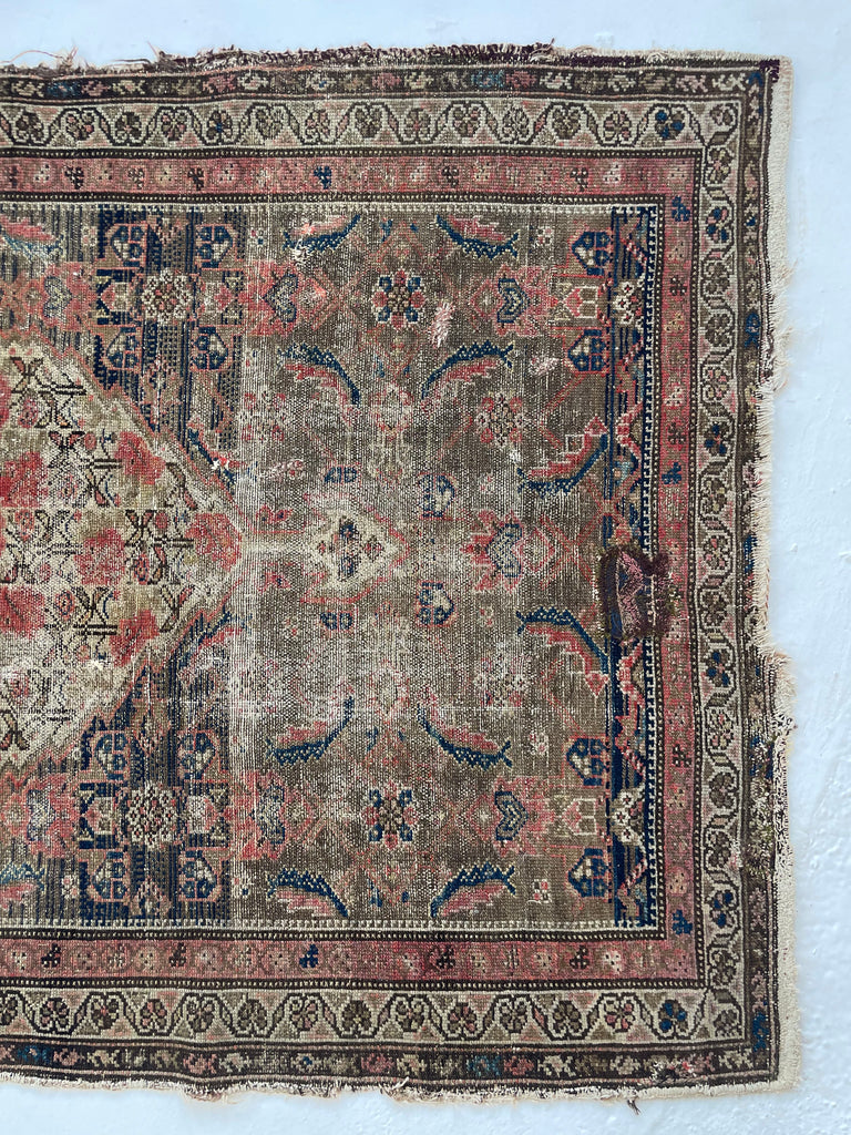 Muted & Earthy Antique Rug | Chestnut, Cashew, Almond & Walnut with Pinks & Blues | 3.3 x 5.2