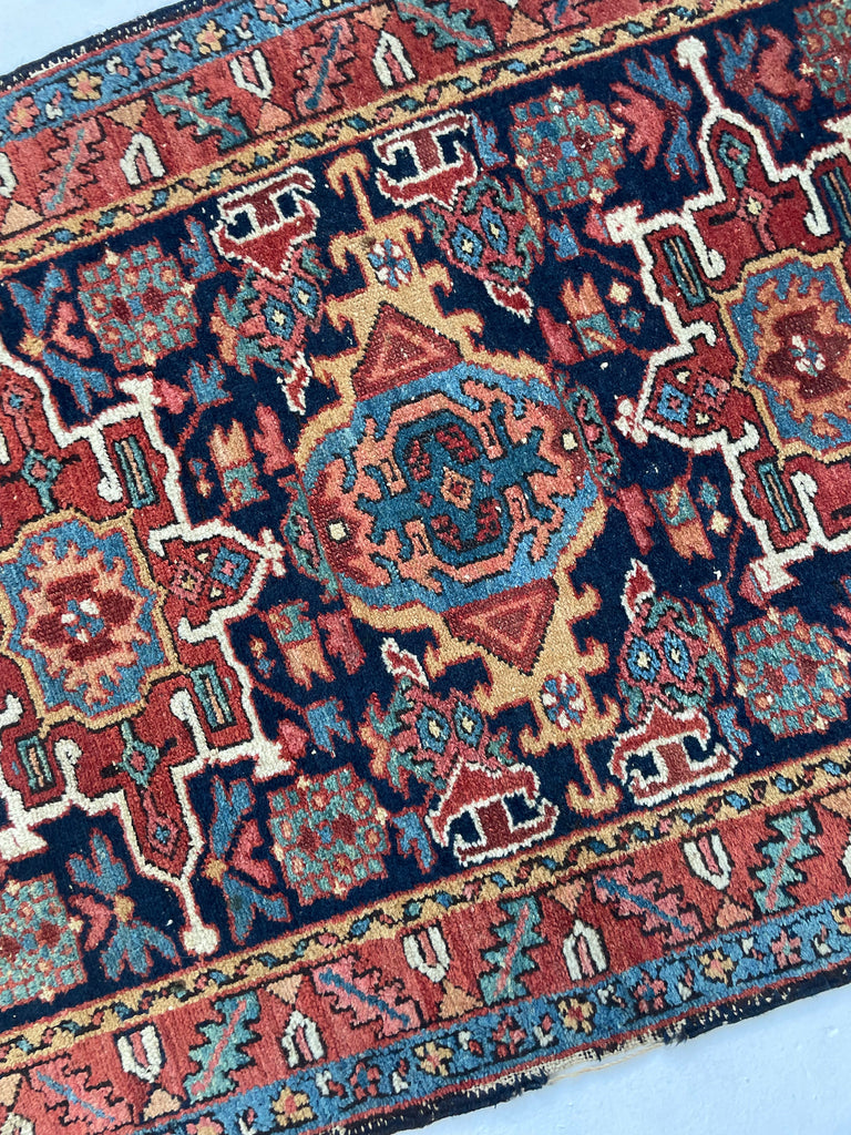 SOLD | MIGHTY Antique Persian Karaja | Deep Indigo with Vivid Greens, Marigold, Raw Honey, Yam, Teal, Rust | 3.4 x 4.5