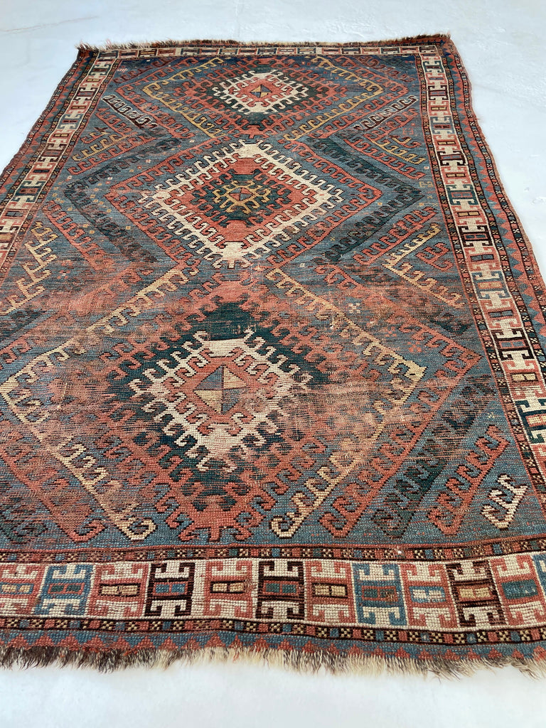 SENSATIONAL SKY BLUE Antique Caucasian Rug with Ram Horn Outlined Diamonds with Terracotta, Emerald Green, & Wheat Hues  | 4.4 x 6.4