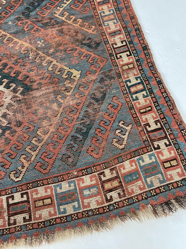 SENSATIONAL SKY BLUE Antique Caucasian Rug with Ram Horn Outlined Diamonds with Terracotta, Emerald Green, & Wheat Hues  | 4.4 x 6.4