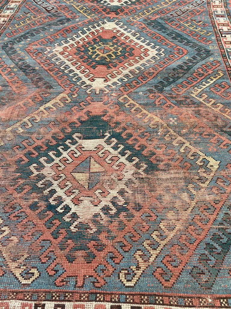 SENSATIONAL SKY BLUE Antique Caucasian Rug with Ram Horn Outlined Diamonds with Terracotta, Emerald Green, & Wheat Hues  | 4.4 x 6.4