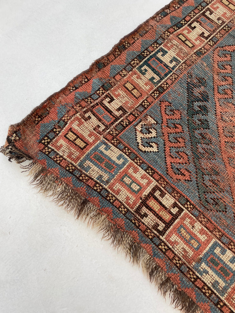 SENSATIONAL SKY BLUE Antique Caucasian Rug with Ram Horn Outlined Diamonds with Terracotta, Emerald Green, & Wheat Hues  | 4.4 x 6.4