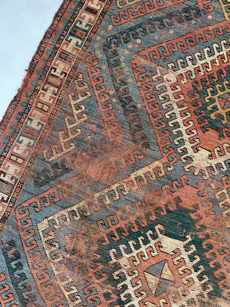 SENSATIONAL SKY BLUE Antique Caucasian Rug with Ram Horn Outlined Diamonds with Terracotta, Emerald Green, & Wheat Hues  | 4.4 x 6.4