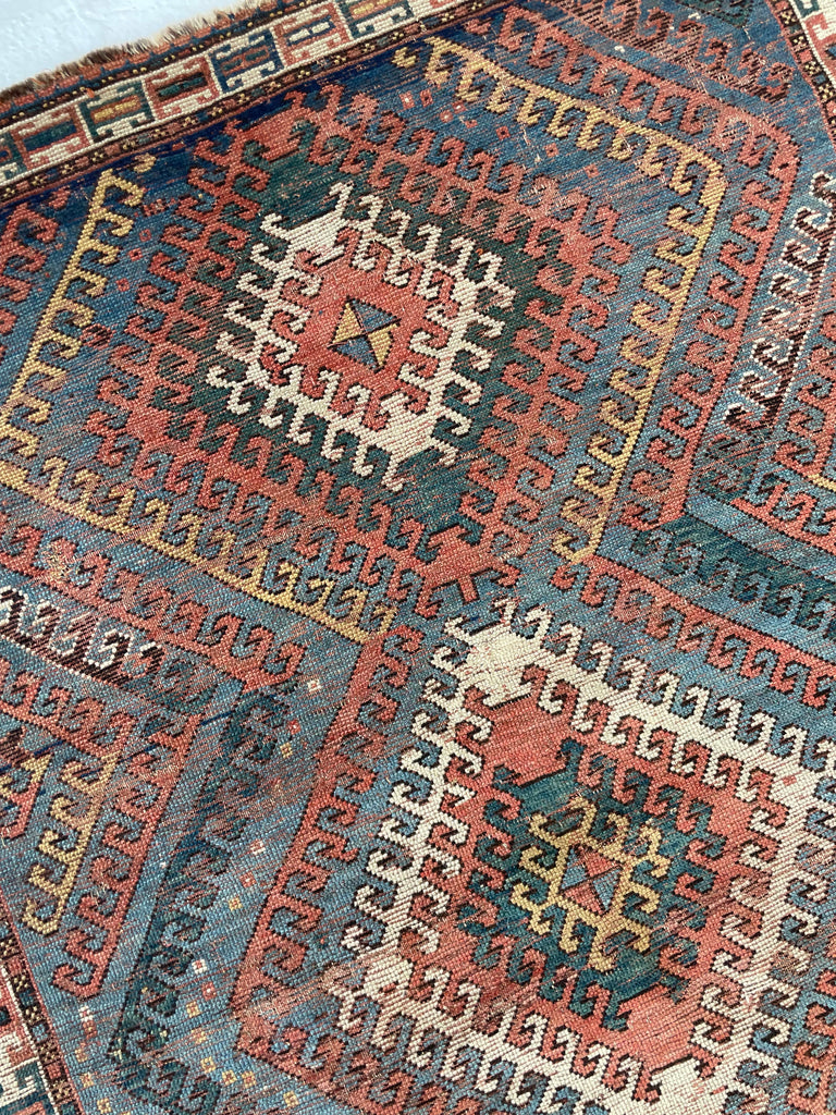 SENSATIONAL SKY BLUE Antique Caucasian Rug with Ram Horn Outlined Diamonds with Terracotta, Emerald Green, & Wheat Hues  | 4.4 x 6.4