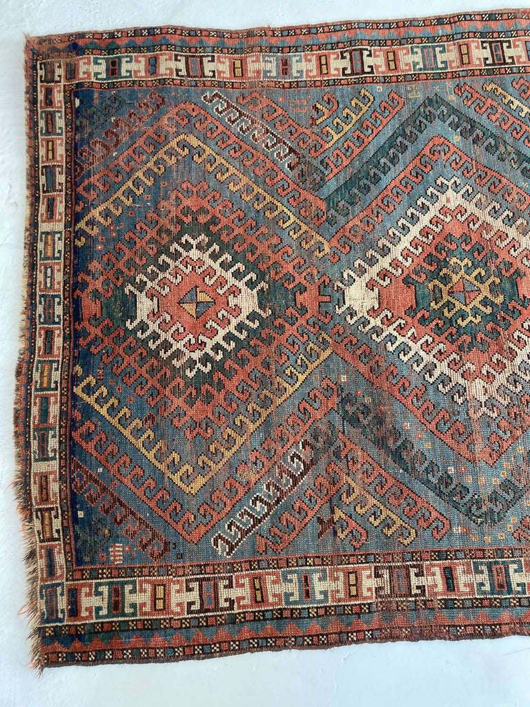 SENSATIONAL SKY BLUE Antique Caucasian Rug with Ram Horn Outlined Diamonds with Terracotta, Emerald Green, & Wheat Hues  | 4.4 x 6.4