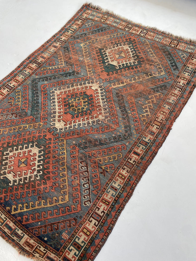 SENSATIONAL SKY BLUE Antique Caucasian Rug with Ram Horn Outlined Diamonds with Terracotta, Emerald Green, & Wheat Hues  | 4.4 x 6.4