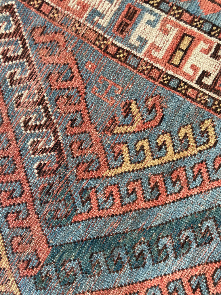 SENSATIONAL SKY BLUE Antique Caucasian Rug with Ram Horn Outlined Diamonds with Terracotta, Emerald Green, & Wheat Hues  | 4.4 x 6.4
