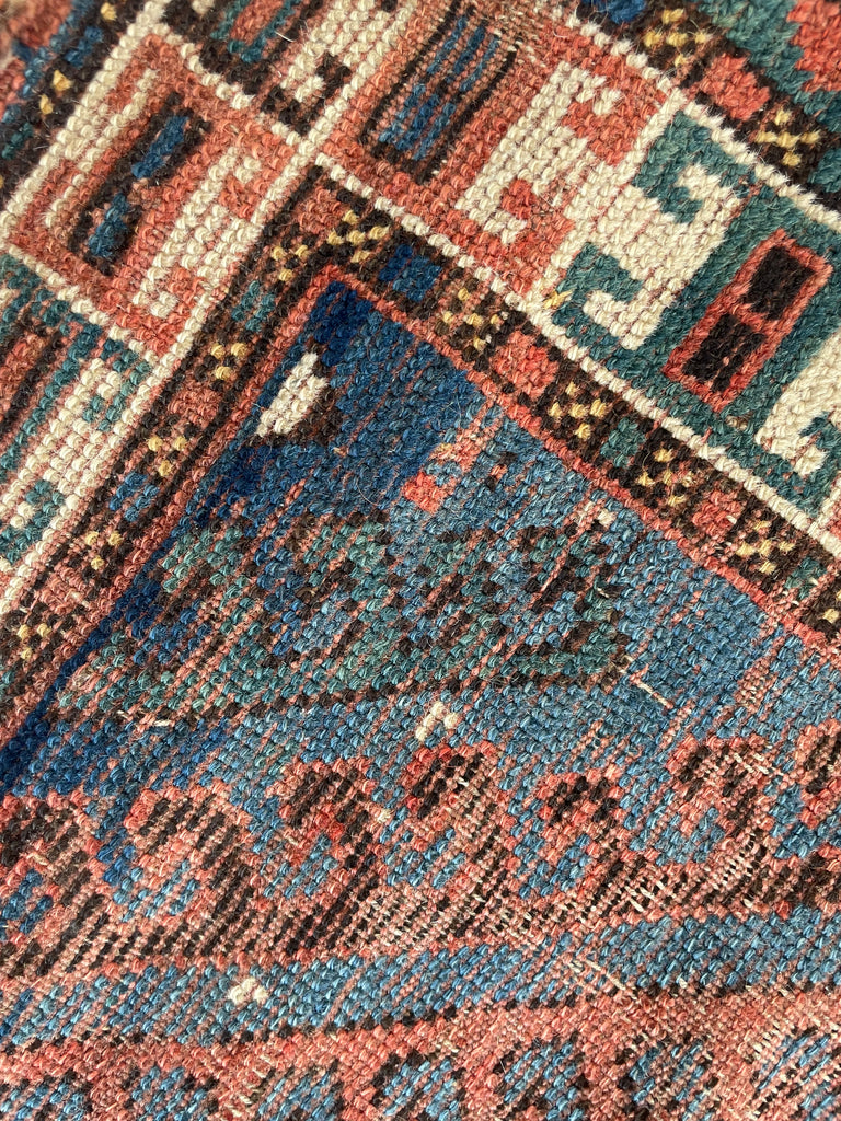 SENSATIONAL SKY BLUE Antique Caucasian Rug with Ram Horn Outlined Diamonds with Terracotta, Emerald Green, & Wheat Hues  | 4.4 x 6.4