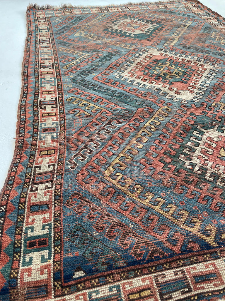SENSATIONAL SKY BLUE Antique Caucasian Rug with Ram Horn Outlined Diamonds with Terracotta, Emerald Green, & Wheat Hues  | 4.4 x 6.4