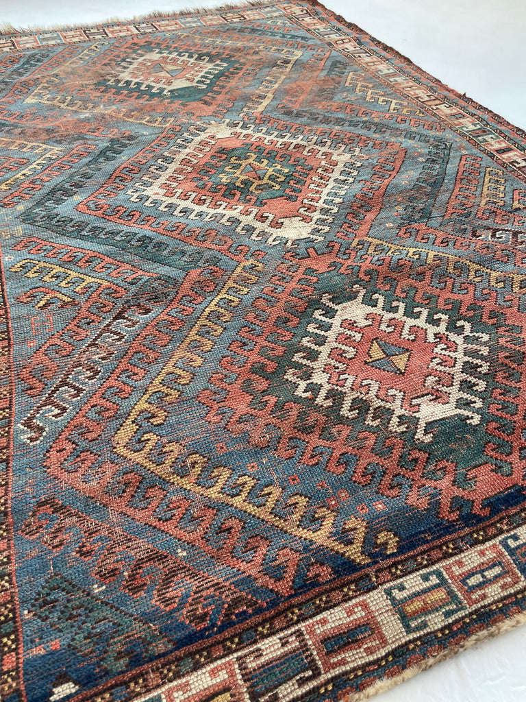 SENSATIONAL SKY BLUE Antique Caucasian Rug with Ram Horn Outlined Diamonds with Terracotta, Emerald Green, & Wheat Hues  | 4.4 x 6.4