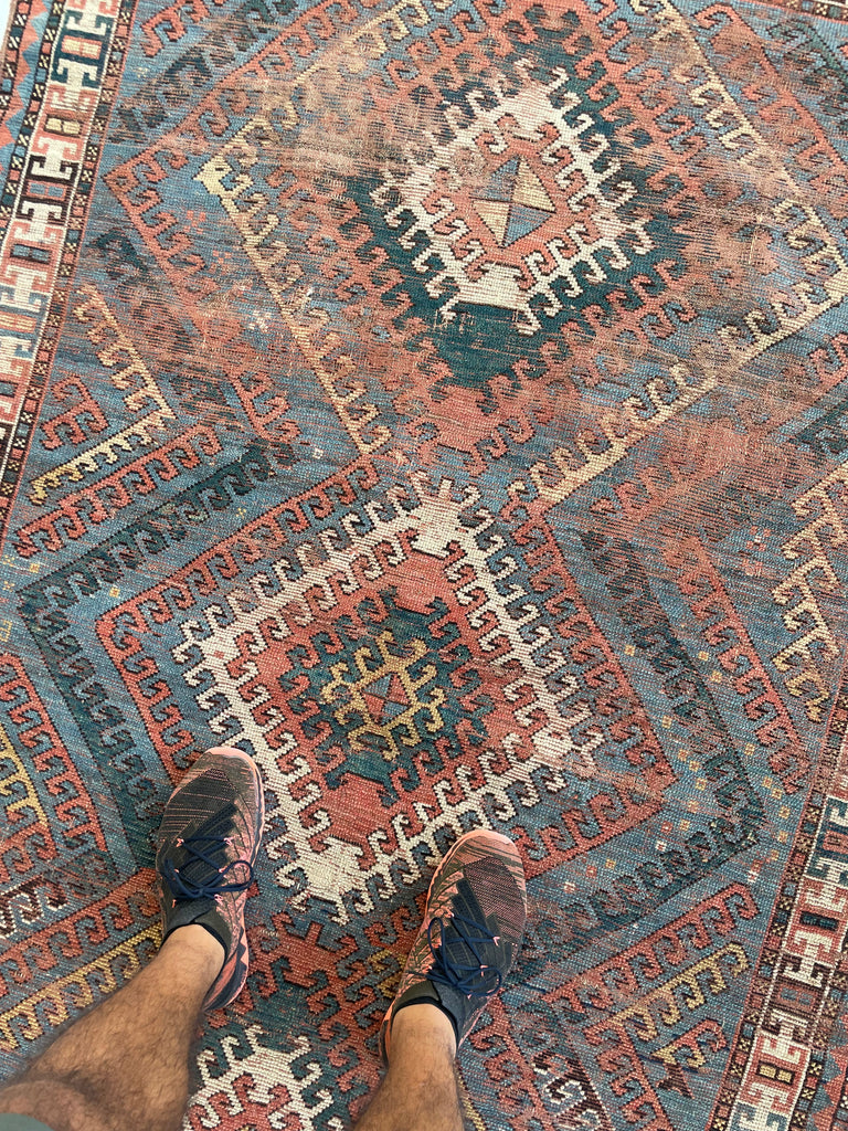 SENSATIONAL SKY BLUE Antique Caucasian Rug with Ram Horn Outlined Diamonds with Terracotta, Emerald Green, & Wheat Hues  | 4.4 x 6.4