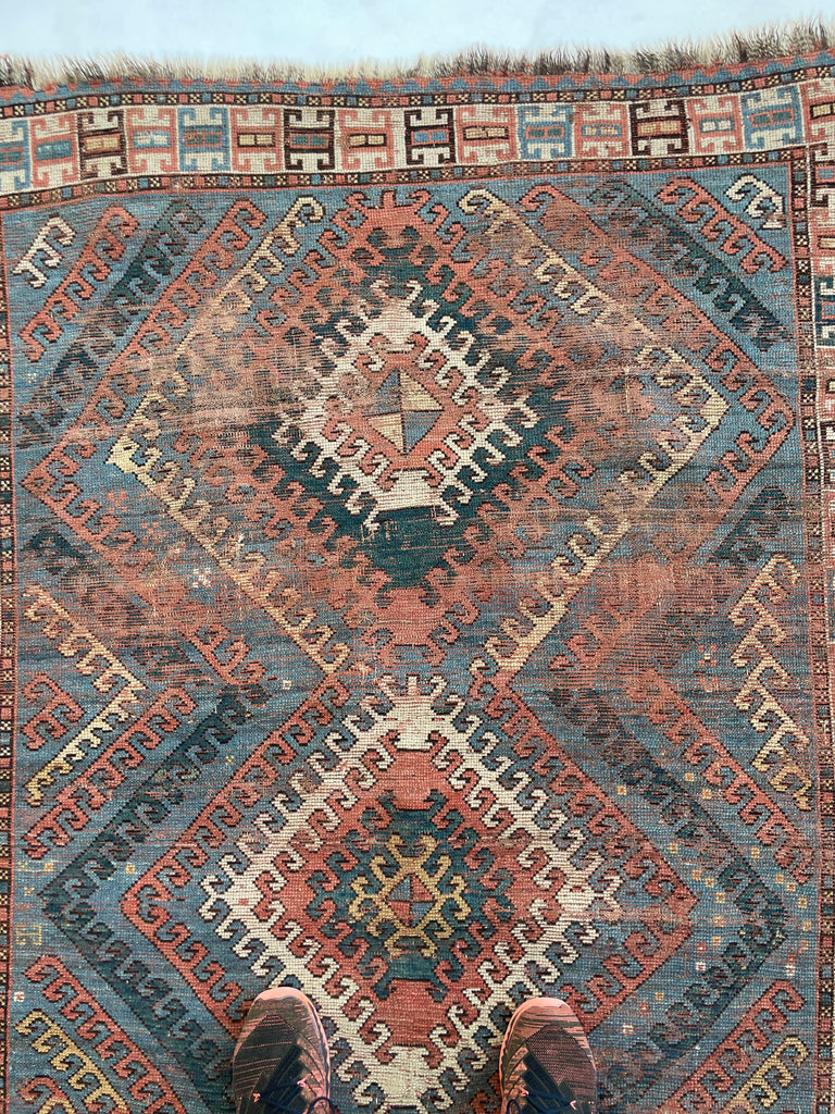 SENSATIONAL SKY BLUE Antique Caucasian Rug with Ram Horn Outlined Diamonds with Terracotta, Emerald Green, & Wheat Hues  | 4.4 x 6.4