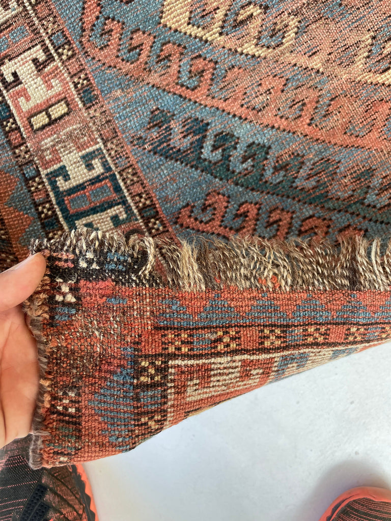 SENSATIONAL SKY BLUE Antique Caucasian Rug with Ram Horn Outlined Diamonds with Terracotta, Emerald Green, & Wheat Hues  | 4.4 x 6.4