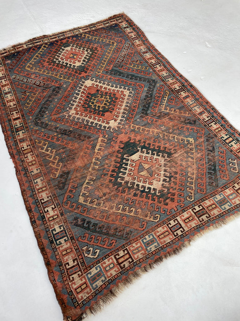 SENSATIONAL SKY BLUE Antique Caucasian Rug with Ram Horn Outlined Diamonds with Terracotta, Emerald Green, & Wheat Hues  | 4.4 x 6.4